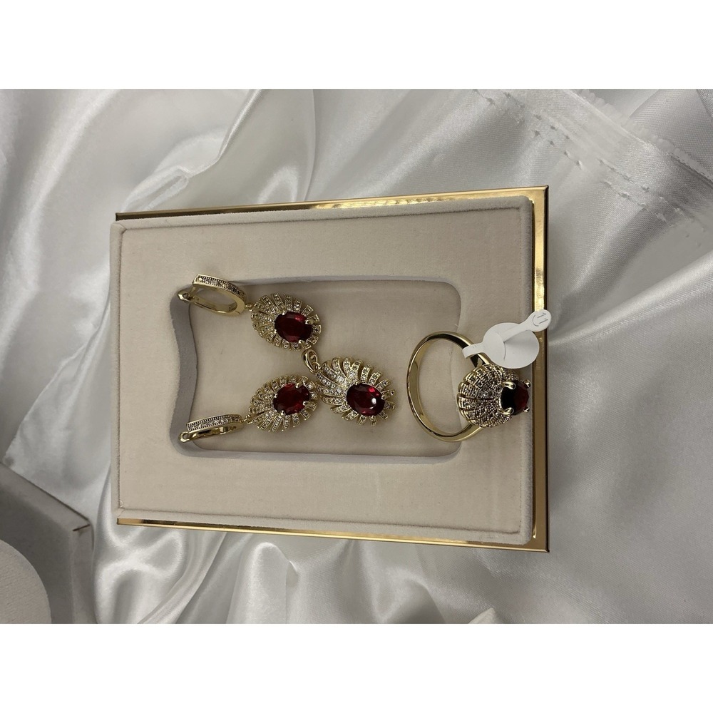 Yellow Gold Plated 14k‎ Ruby Oval Red Main Stone Cluster Cocktail Set